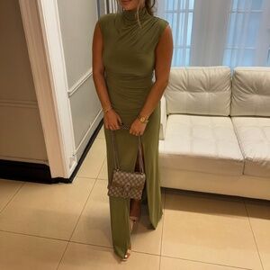 Olive lanetta- ruched high neck maxi dress Club London